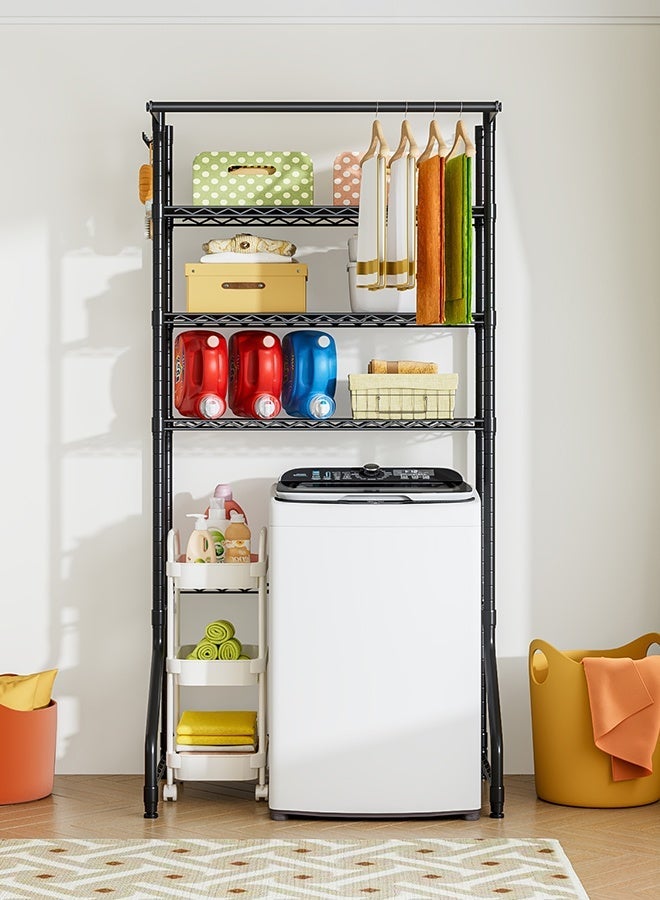 Forthcan Over-Washer Storage Rack, 3-Tier Laundry Organizer Shelving with Hanging Bar & Hooks, Freestanding Above Washing Machine, Adjustable Feet, 31.1" W × 19.7" D × 77.6" H - Image 2